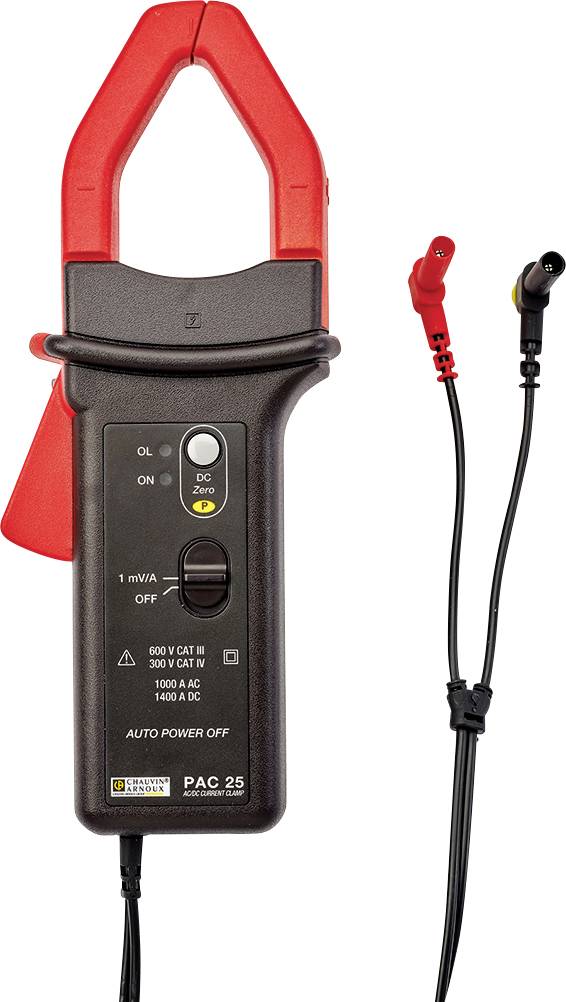 A digital ammeter with a red clamp and black casing. Two measurement leads with crocodile clips are located on the side.