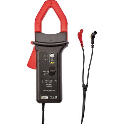 A digital ammeter with a red clamp and black casing. Two measurement leads with crocodile clips are located on the side.