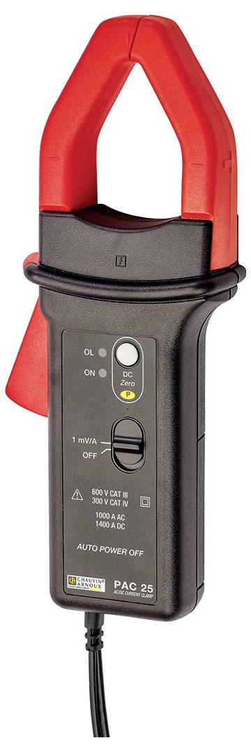 Current clamp meter with red grip, suitable for voltage measurements up to 600 V AC/DC. Includes switches and LED displays.