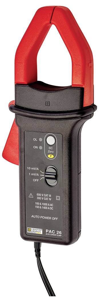 The image depicts a current clamp meter with red handles. It has multiple setting options and is used for measuring electrical currents.