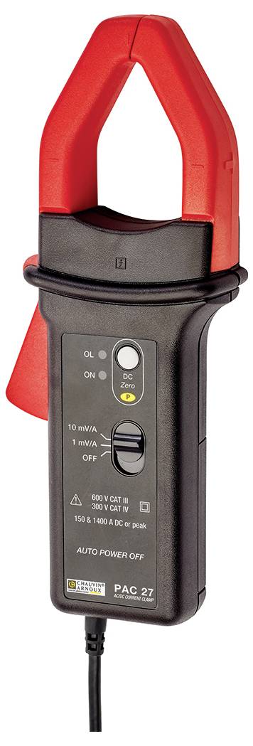 A clamp meter with a red clamp and black casing, suitable for AC/DC measurements and featuring automatic shut-off.