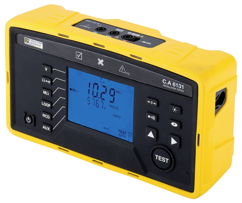 A yellow electrical testing device with a screen displays '10.29MΩ 576.7V'. It has various buttons and connection options.