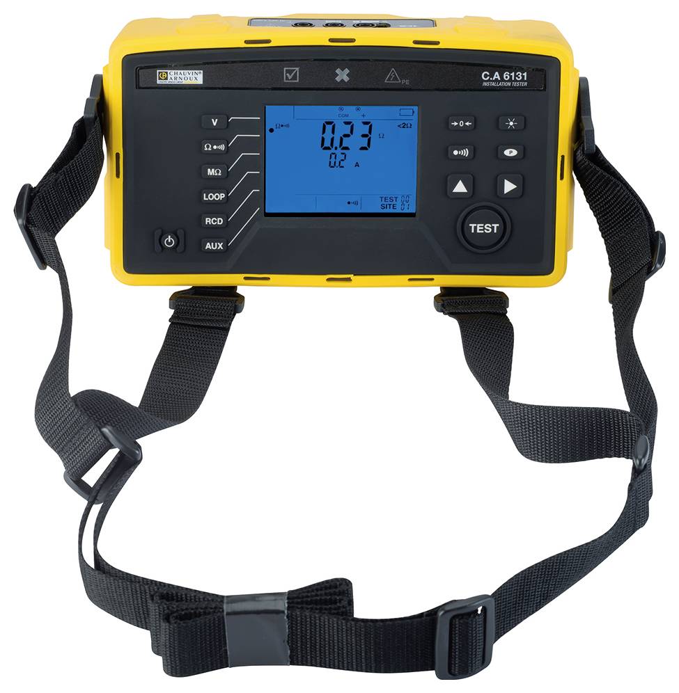 A portable, yellow measuring device with a display and buttons for electrical measurement. A black carrying strap is attached.