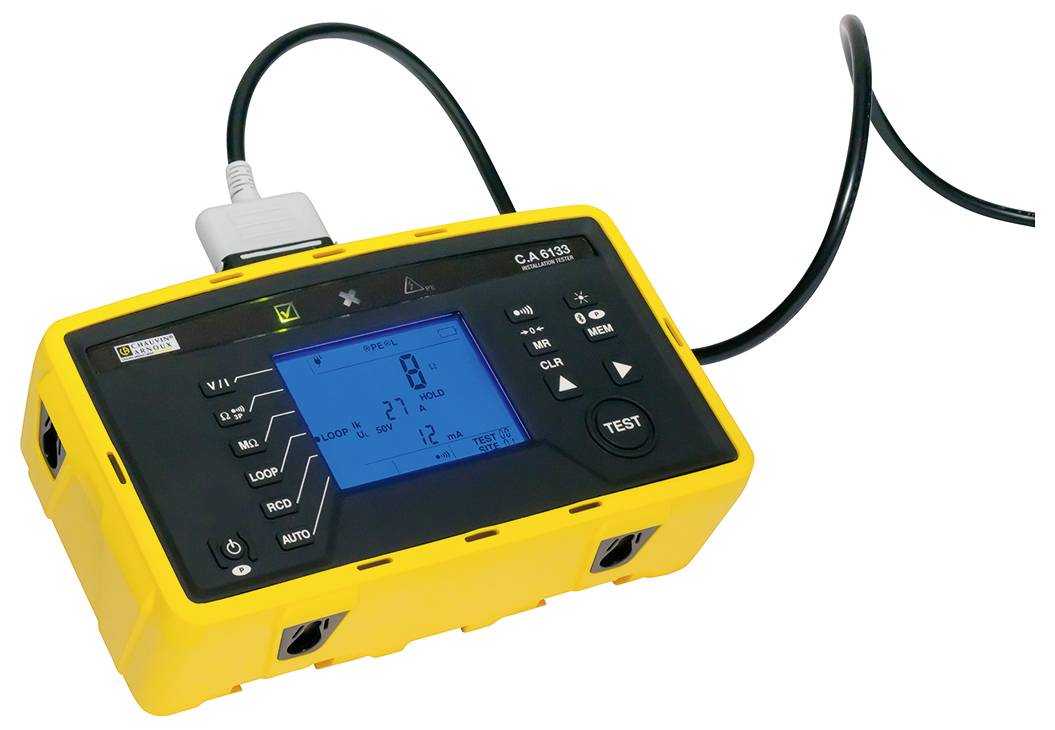 A yellow portable measuring device with an illuminated display and multiple buttons. It is connected by a cable.