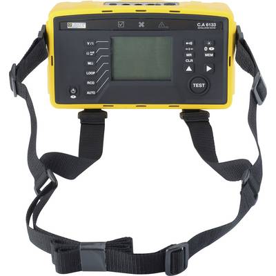Multifunction test device with display, buttons and carrying loop.