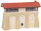 A beige model building with a red pitched roof, windows, and a door. It has a brick structure with arches on the front.