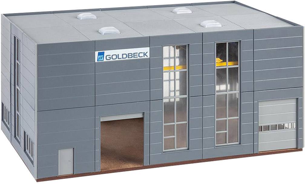 Industrial hall model with the 'Goldbeck' logo on the facade, large windows and roller shutters, showcasing modern industrial design.