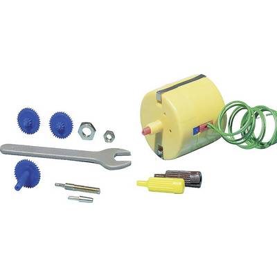 A yellow electric motor with a green cable and various blue gears, screws, and tools, on a white background.
