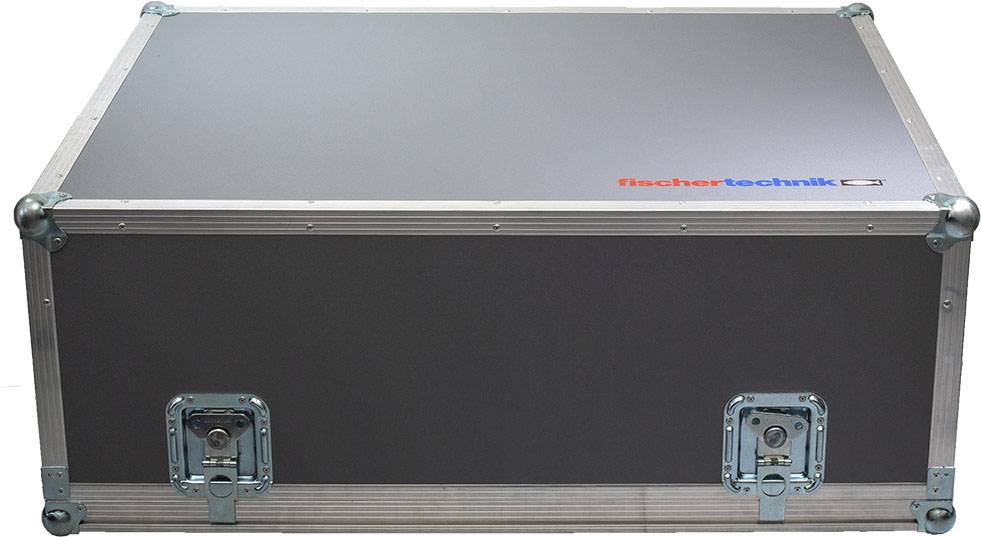 Grey, rectangular metal case from fischertechnik with two latches on the front.