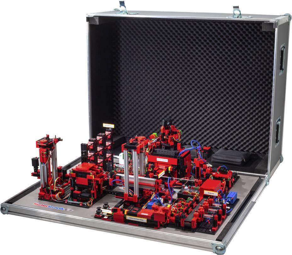 'Robot construction kit in an open case, showing complex electronic and mechanical components, predominantly in red.'
