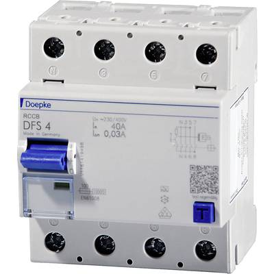 The residual current circuit breaker (RCD) marked 'Doepke RCCB DFS 4' has a rated current of 40A and trips at a fault current of 0.03A.