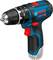 A blue Bosch cordless screwdriver with a red handle and black drill head from the Professional series, showing various torque settings.