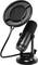 A black studio microphone with a pop filter, suitable for recordings and streaming.