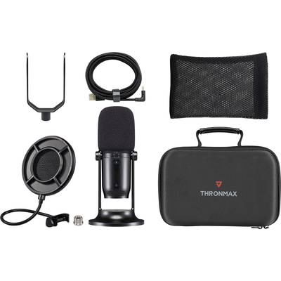 Microphone set including microphone, stand, pop filter, USB cable, carry case and mesh cover. Suitable for audio recordings and podcasts.