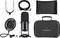 Microphone set including microphone, stand, pop filter, USB cable, carry case and mesh cover. Suitable for audio recordings and podcasts.