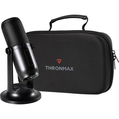Black microphone on a stand next to a black carry bag with the inscription 'THRONMAX'.