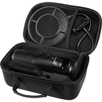 Black microphone with table stand in an opened, padded case, also contains accessory compartment and cable. Suitable for recordings.