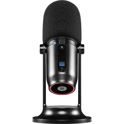 Black studio microphone on stand with various controls and an LED indicator for recording levels. Perfect for audio recordings.