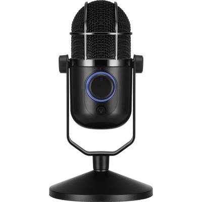A black standing microphone with a blue illuminated button, placed on a table, ready for recording.