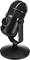 Black desk microphone with adjustable stand and rotary control against a white background. Ideal for audio recordings.