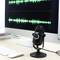 A computer screen displays a green audio waveform. A microphone stands on a desk in front of the screen.