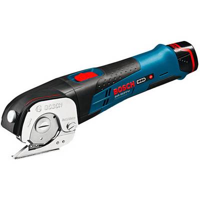 Cordless Bosch cutting tool, blue-black, with red switch, suitable for precise cutting in various materials.