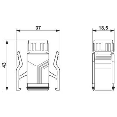 Technical drawing of a plug adapter with dimensions: 43 mm height, 37 mm width from the front, 18.5 mm width from the side.