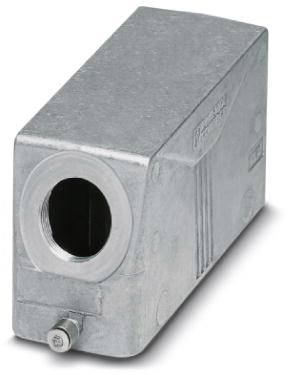 A rectangular, silver metal body with a large round hole at the front and a small screw beneath it.