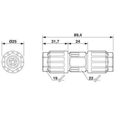 Technical drawing of a pipe with a threaded connection, length 89.4 mm, diameter Ø25 mm, with dimensions of components and tool sizes.