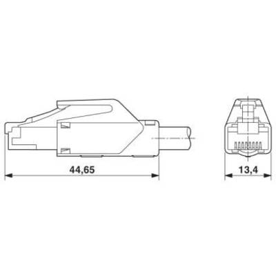 Technical drawing of a plug with dimensions: Side view shows 44.65 mm length; Front view shows 13.4 mm width.
