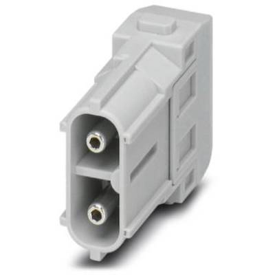 Grey electrical connector with two metal contacts, rectangular design, suitable for industrial applications.