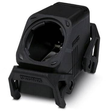 Black plastic housing for an electrical socket, with mounting tabs on the sides.