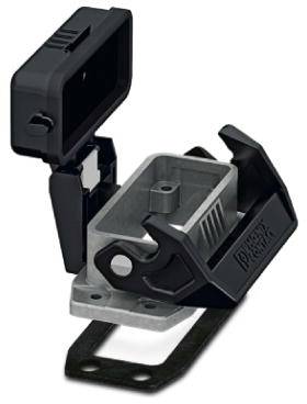 Metal enclosures for industrial electrical connectors, open with housing cover and lockable side panels, robust design.