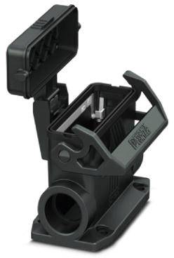 Electrical plug connector with an open lid, revealing metallic contacts inside; robust black housing with mounting tabs.