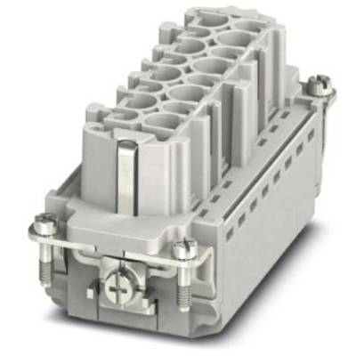 Industrial electrical connector made of grey plastic with metal locks, for connecting multiple electrical cables.
