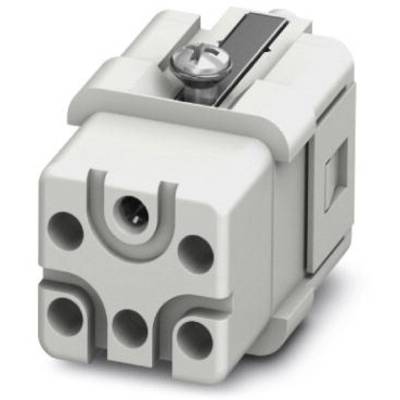 A white, rectangular electrical connector with multiple round connection points and a metal screw for securing.