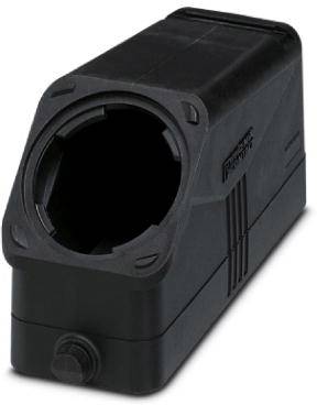 Black, rectangular plastic housing with a round hole on the front. Suitable for housing an optical device or sensor.