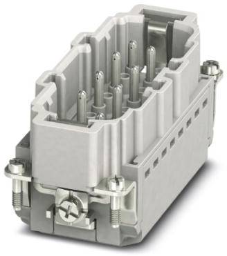 A rectangular plug connector with multiple metal contact pins and a grey housing.