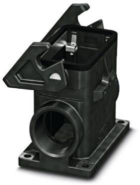 A black industrial enclosure with a rectangular upper and a cylindrical lower connection.
