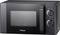 A black microwave with two rotary knobs for timer and power settings. The brand name is located on the front.