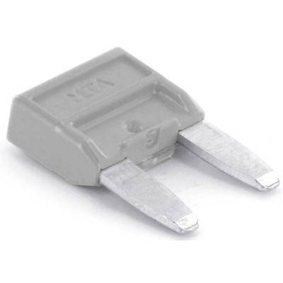 A grey automotive flat fuse with two metal contacts and an amperage indicator on the top surface.