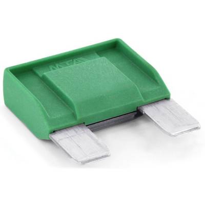 A green flat blade fuse with two metallic contacts, typically used in vehicles or electronic devices.