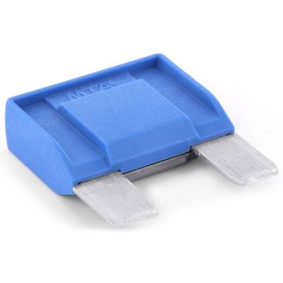 A blue flat fuse with two metal terminals.