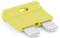 Yellow plastic flat fuse, rectangular with two metal prongs at the bottom; used in vehicles for circuit protection.