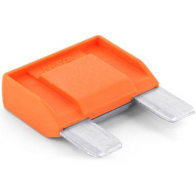 'Orange flat fuse with two metal contacts for electrical systems.'