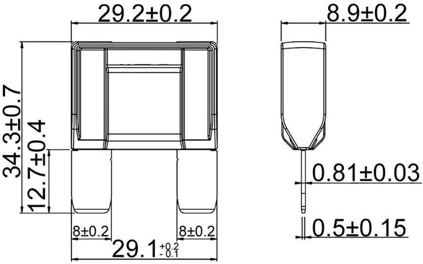 Technical drawing of an electronic component with precise dimensions: width 29.2 mm, height 34.3 mm, depth 12.7 mm, pin diameter 0.5 mm.