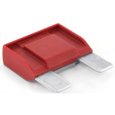 Red flat fuse with two metal contacts, used for safeguarding electrical circuits in vehicles.