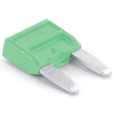 Green flat fuse with two metal contacts, used for protecting electrical devices and systems.
