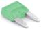 Green flat fuse with two metal contacts, used for protecting electrical devices and systems.