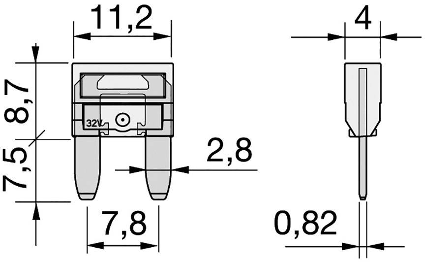 Technical drawing of a two-pole component with dimensions: width 11.2 mm, height 8.7 mm, depth 4 mm. 32V is indicated on the front side.